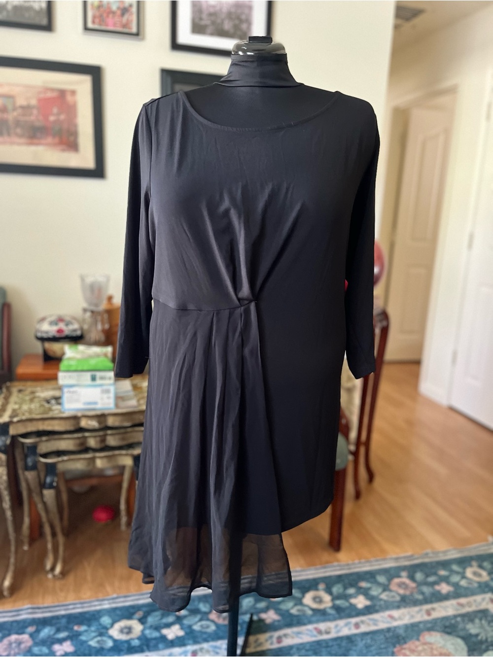 Avenue Black Long-Sleeve Draped Asymmetric Tunic Dress